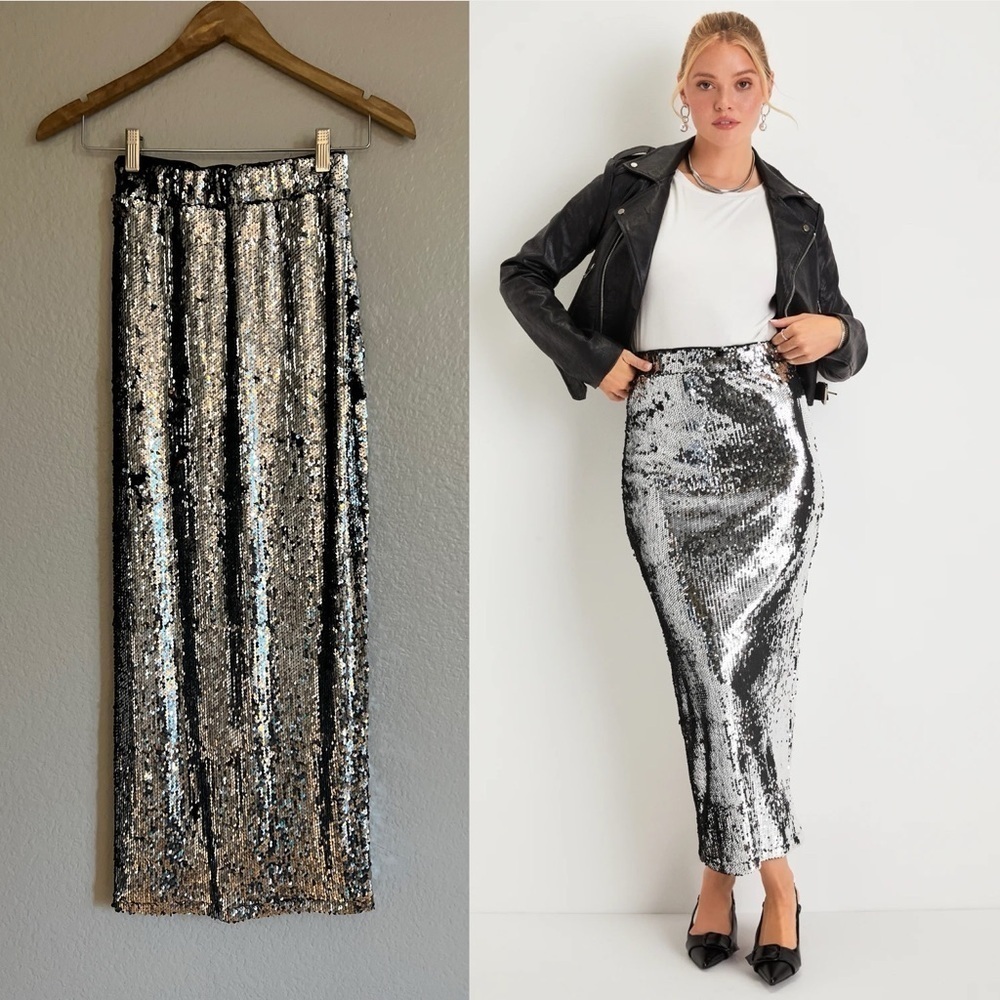 NWOT Silver Sequin High Rise Midi Skirt